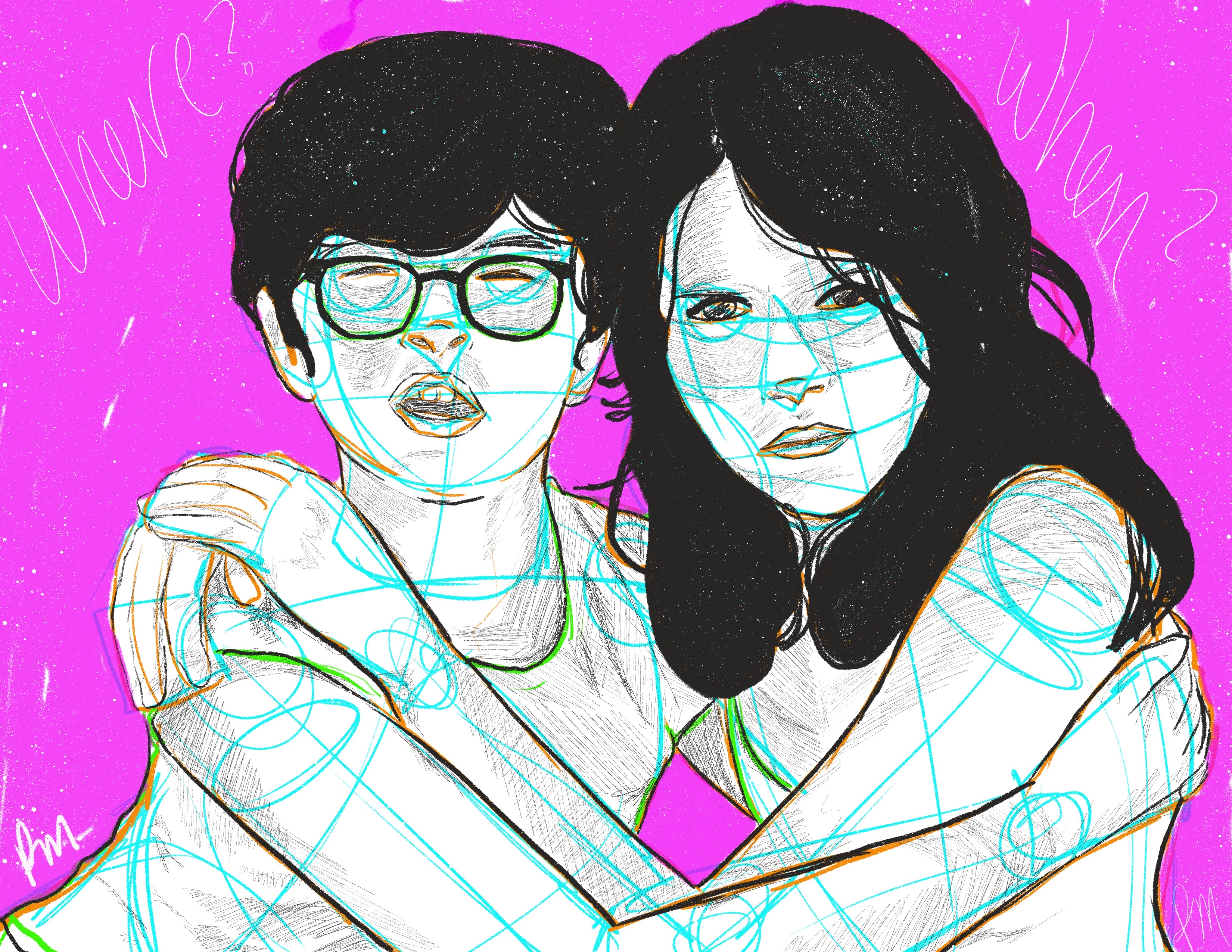 Digital Illustration based off of a scene from Moonrise Kingdom by Wes Anderson where protagonists Sam and Suzy and clinging to each other on the beach prior to being taken home